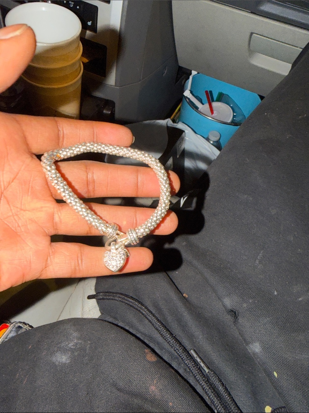 Sparkling Silver Heart Charm Rope Bracelet